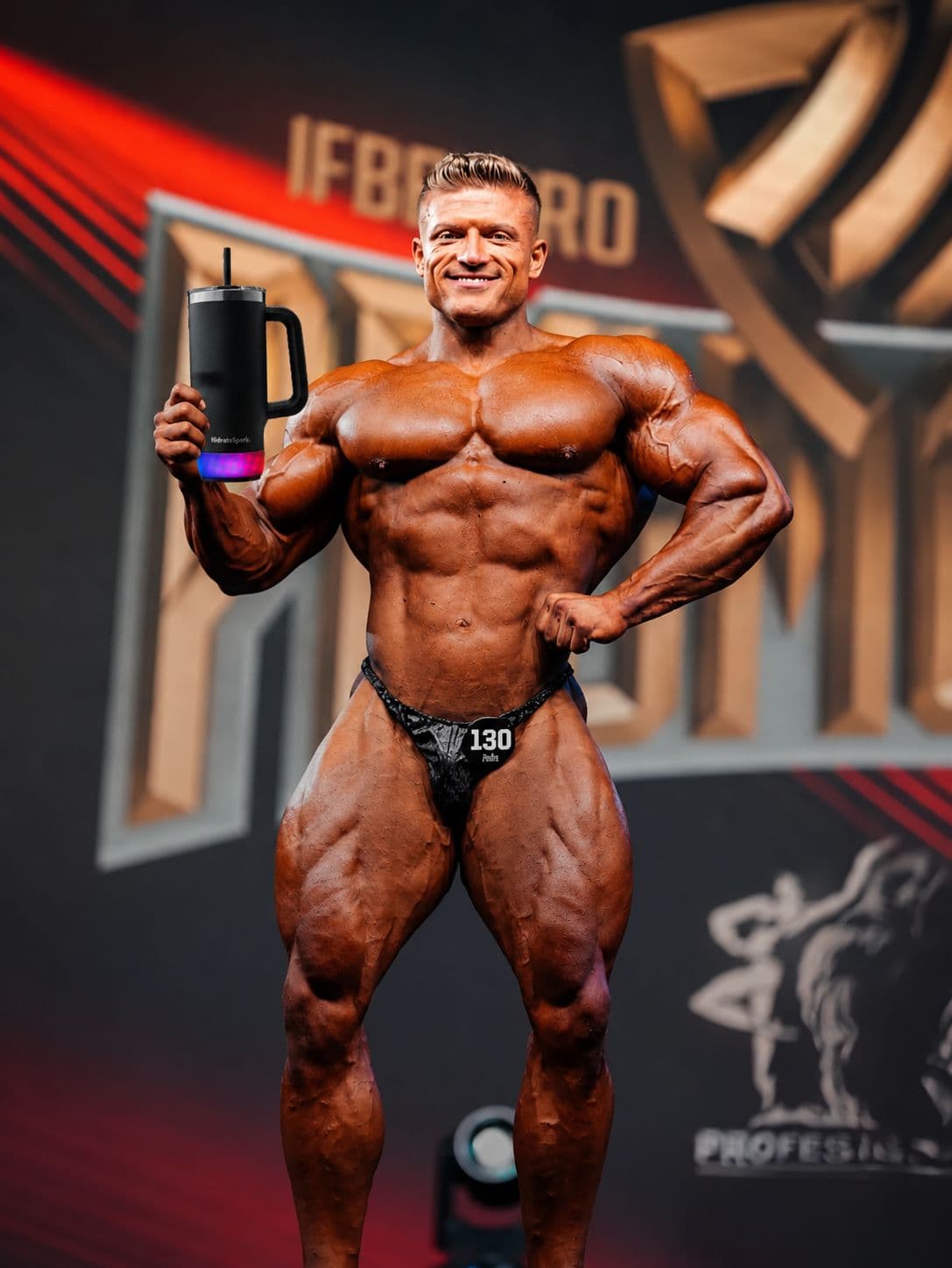 Urs Kalecinski holding the smart tumbler at FIBO